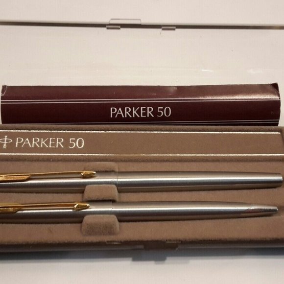 Parker 50 Stainless Steel & Gold Trim Set FP BP medium USA Brand (NL 1979) Pens